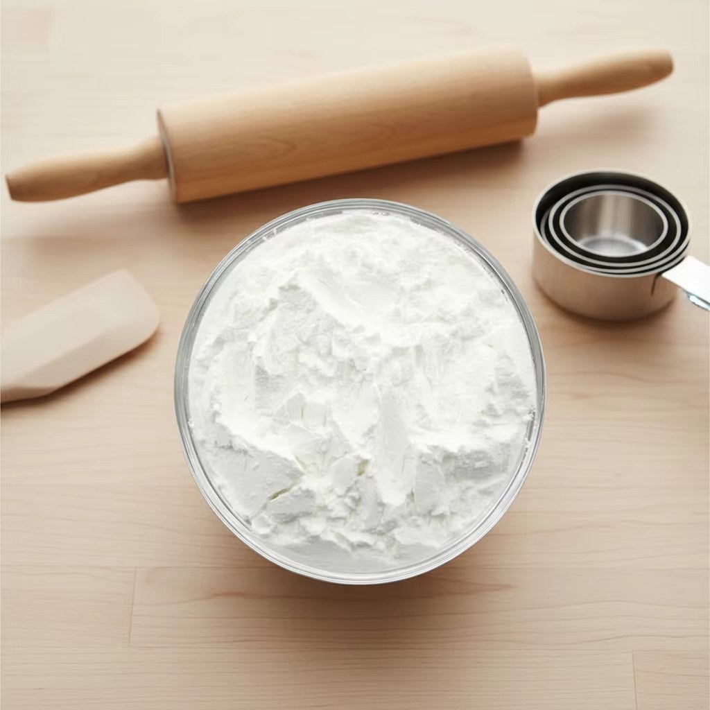 White E1422 modified corn starch powder in glass bowl with rolling pin and measuring cups