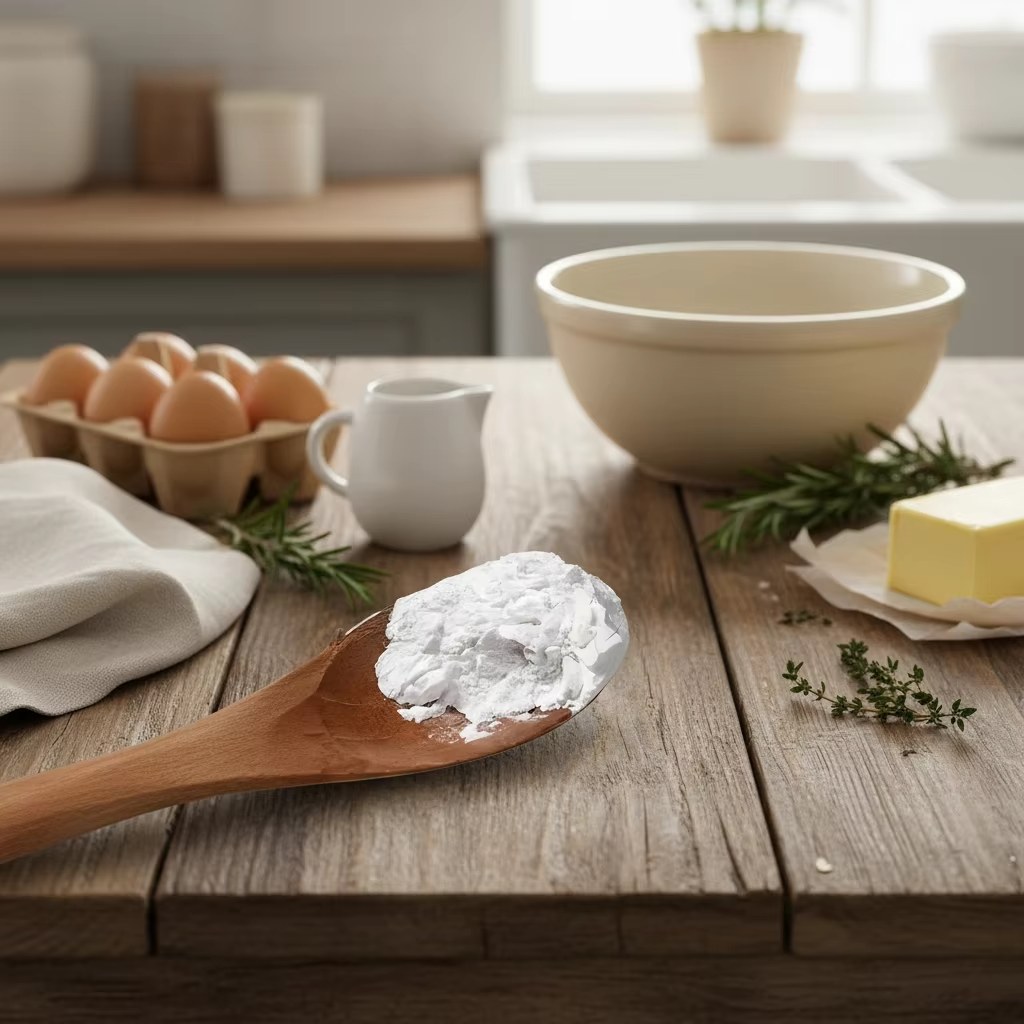 E1422 modified corn starch powder on wooden spoon with eggs and butter, baking ingredients