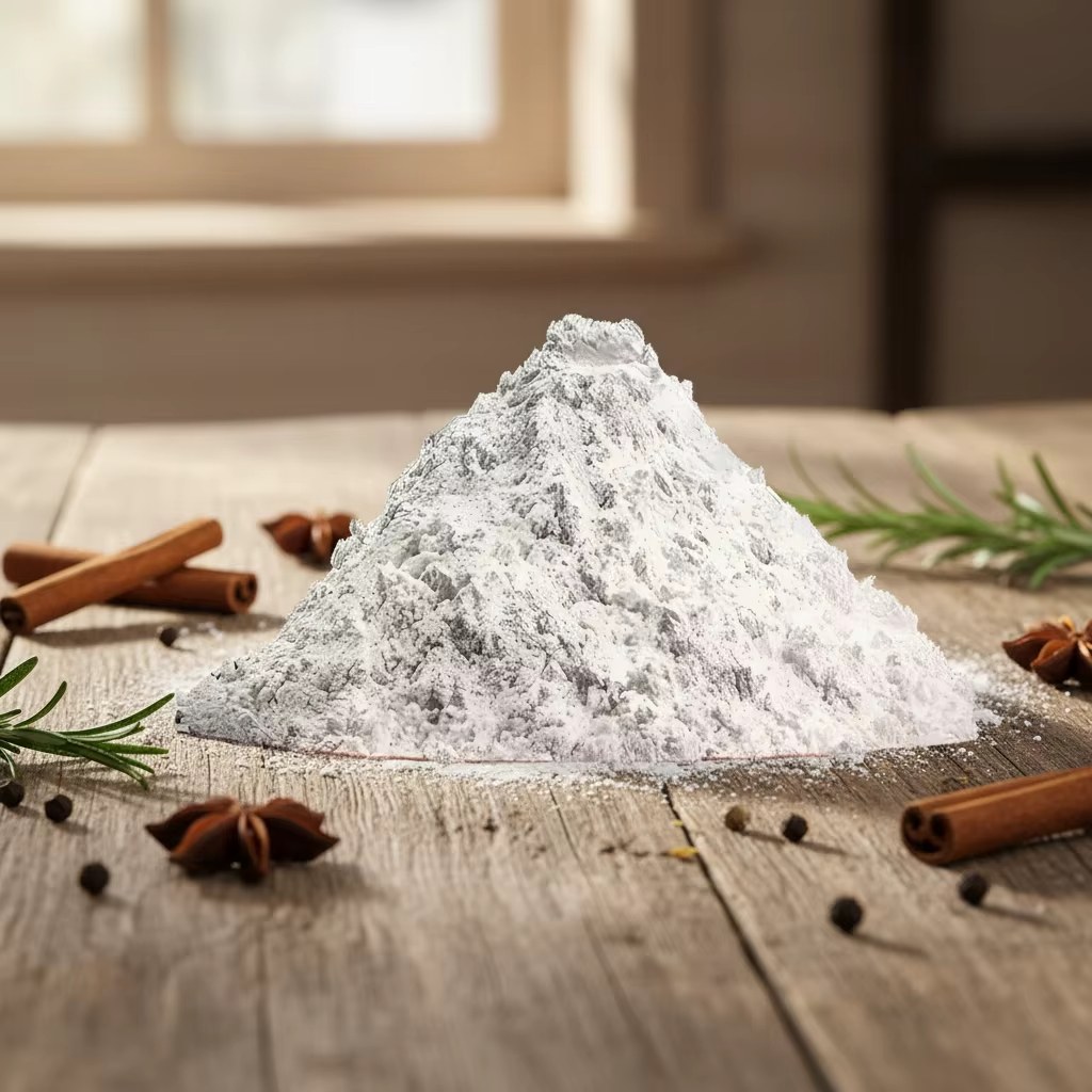 Fine white E1422 modified corn starch powder styled with cinnamon sticks, star anise and rosemary