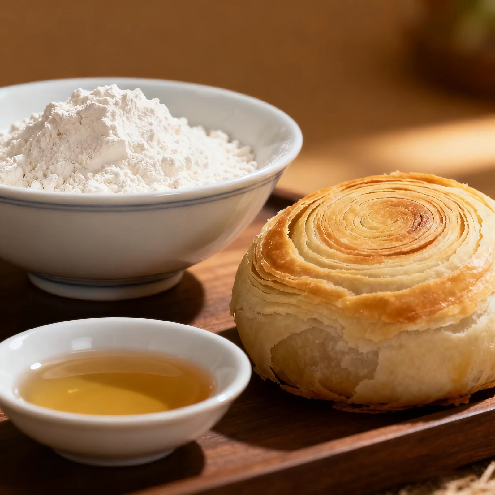 Golden flaky layered pastry showing filling beside flour and syrup bowls on wooden tray, GFStarch bakery products