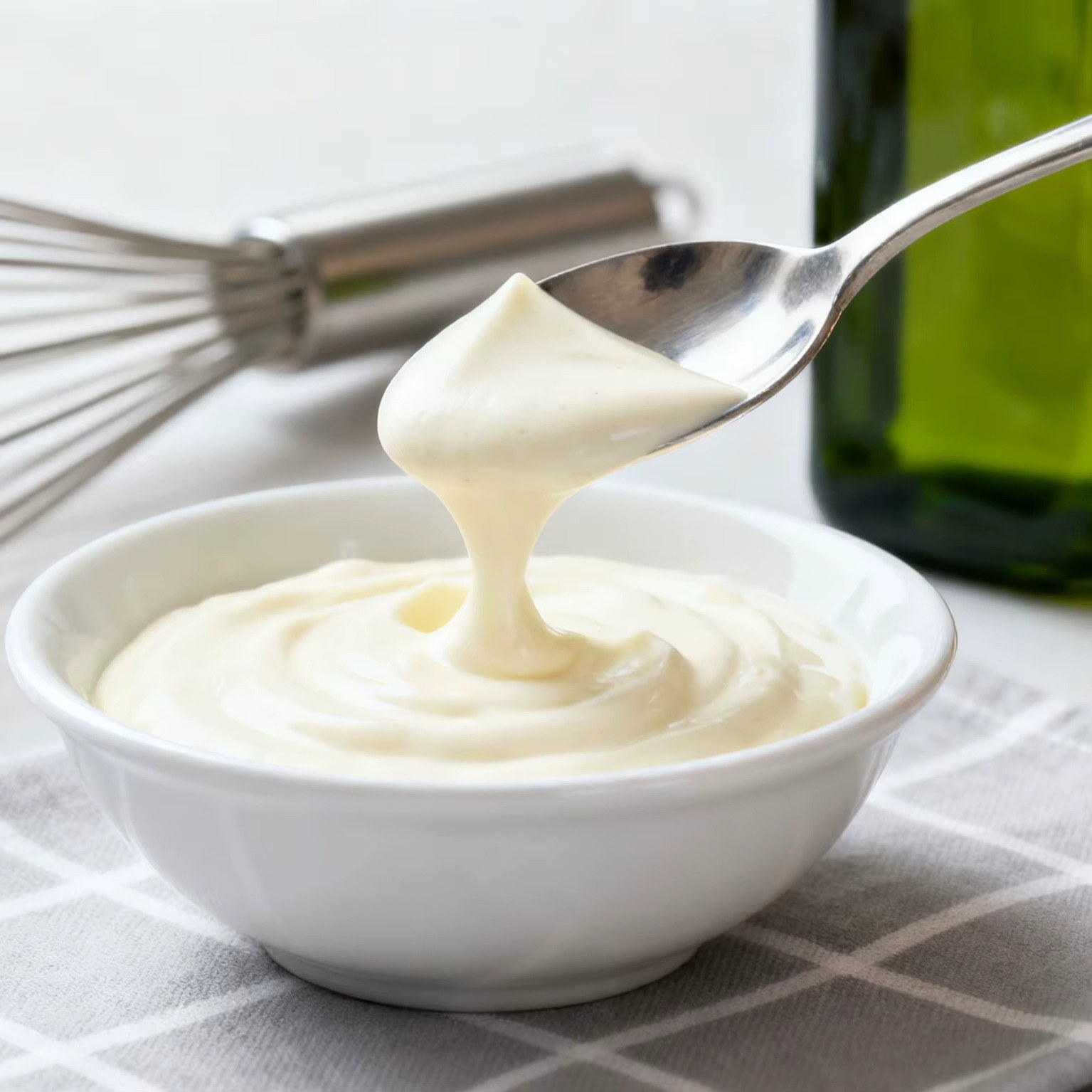 Thick creamy mayonnaise dripping from spoon over white bowl, homemade sauce texture, GFStarch ingredients
