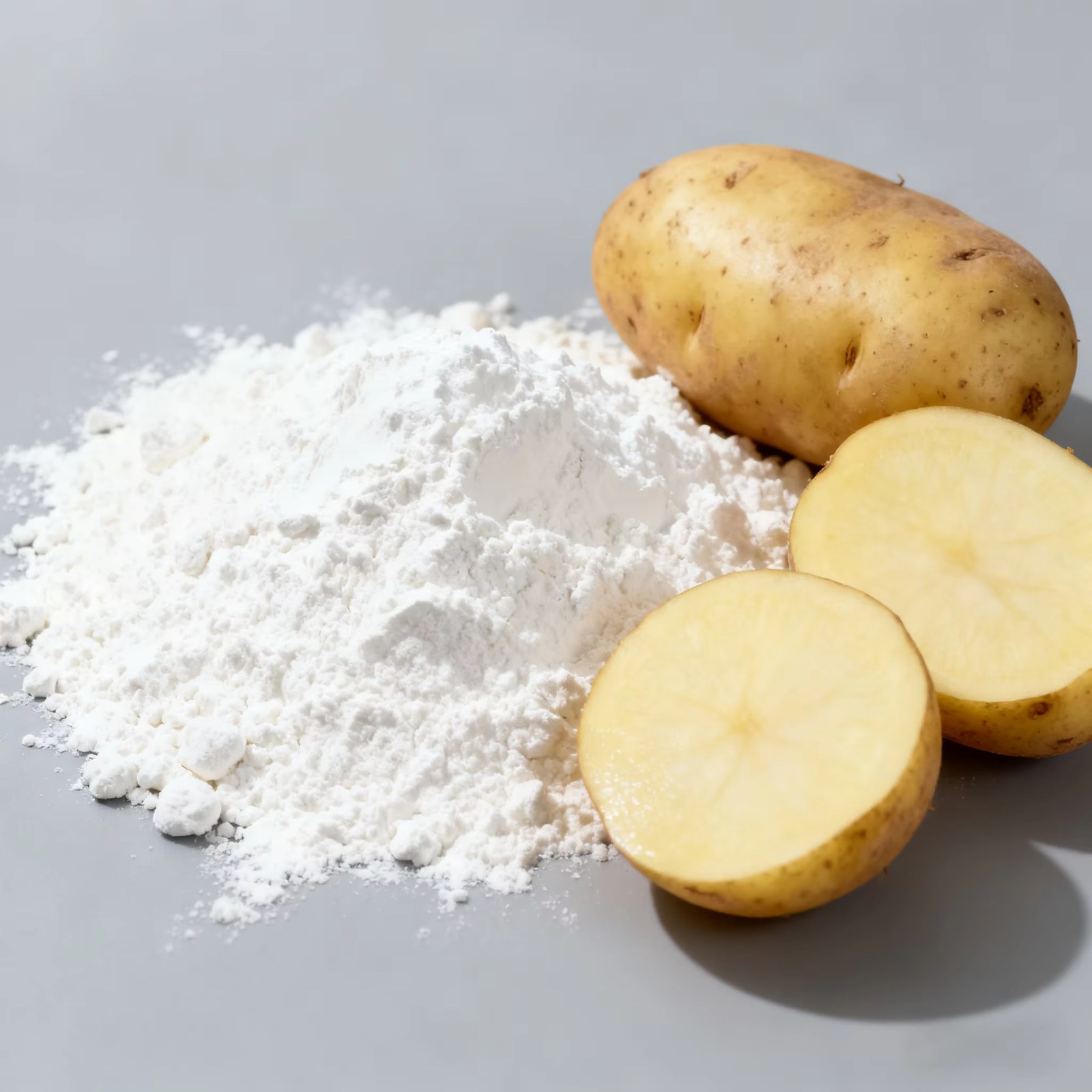Potato starch powder with fresh potatoes and slices, natural potato starch source concept