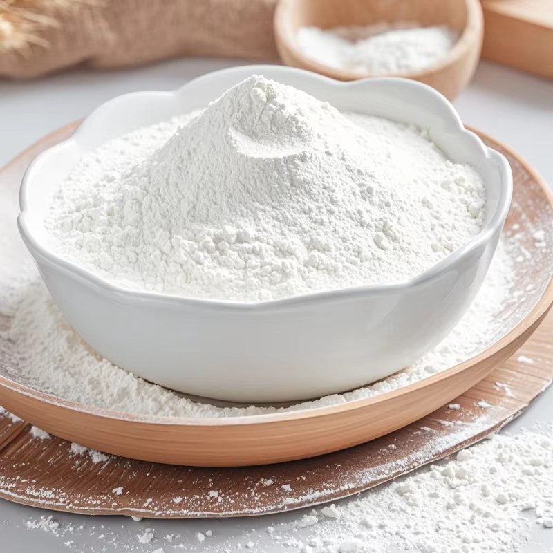 Fine white starch powder in ceramic bowl on wooden tray, kitchen baking ingredient texture