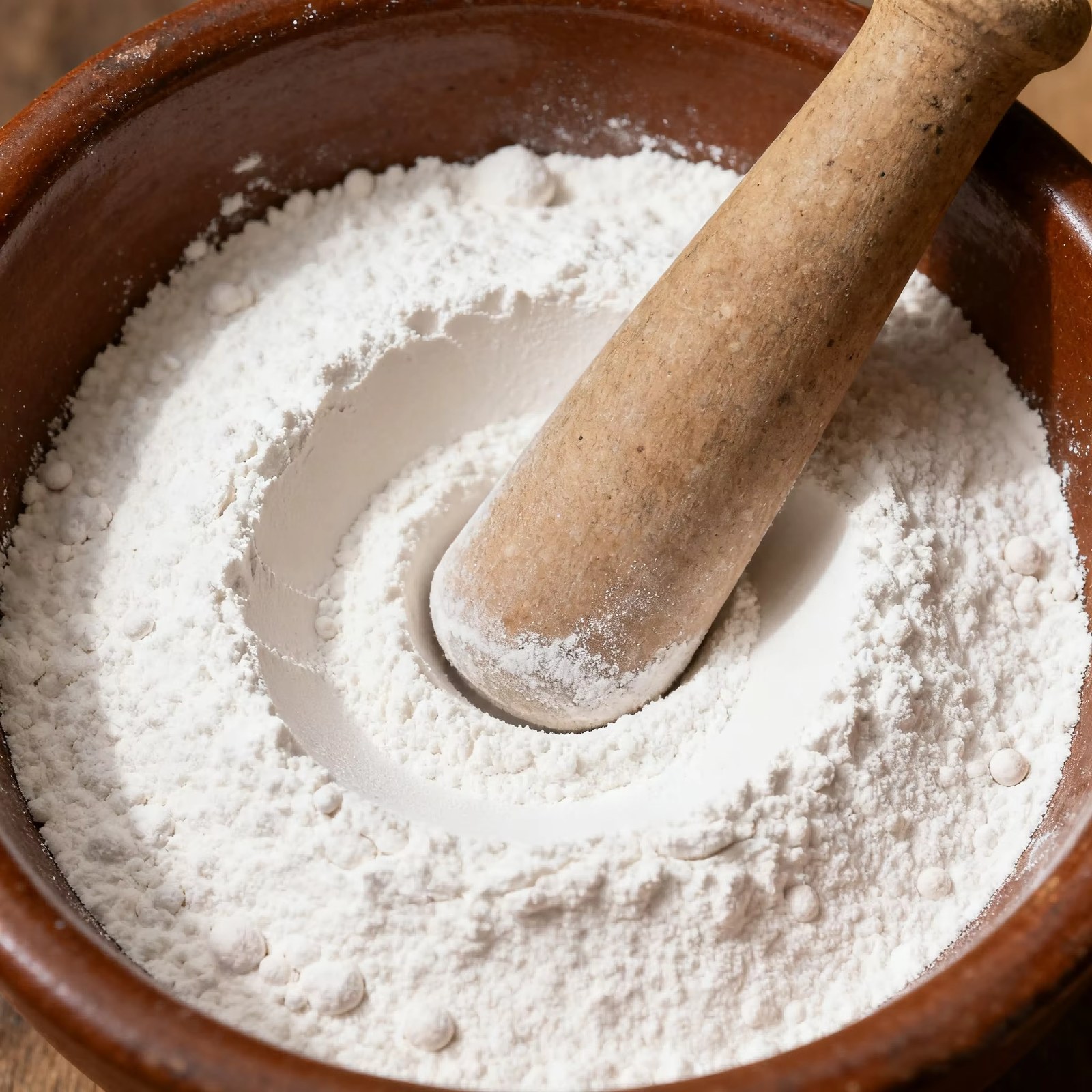 White starch powder ground in traditional mortar with wooden pestle, natural food ingredient