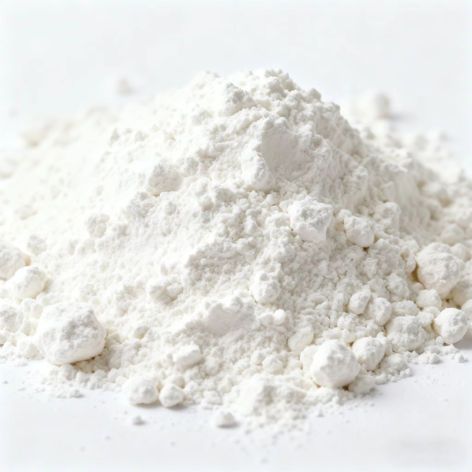 Fine white food starch powder pile on white background, clean texture product shot