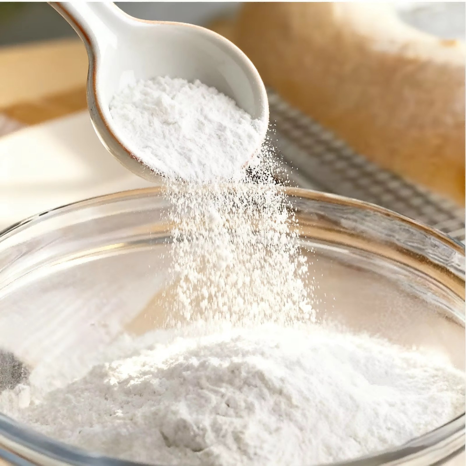 White starch powder pouring from spoon into glass bowl, fine texture food ingredient shot